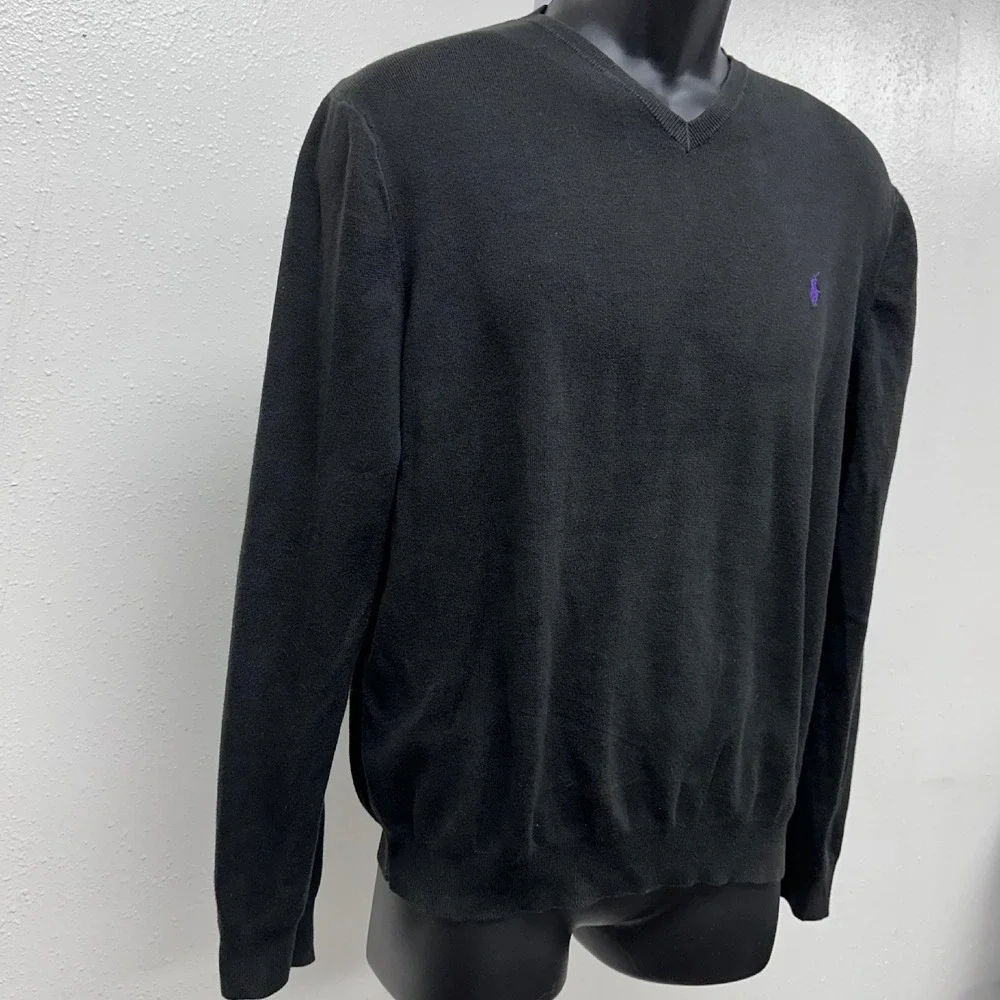 Polo Ralph Lauren Pima Cotton‎ V-Neck Sweater Purple Logo Black L